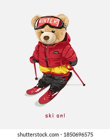 ski on  with bear doll on ski costume illustration