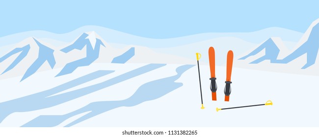 Ski on mountains snow concept background. Flat illustration of ski on mountains snow vector concept background for web design