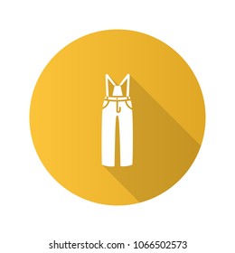 Ski pants flat design long shadow glyph icon. Winter overall. Bib-and-brace. Vector silhouette illustration