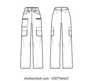 Ski pants technical fashion illustration with low waist, high rise, flap zipper patch pockets, belt loops, full lengths. Flat apparel template front back white color style. Women men unisex CAD mockup