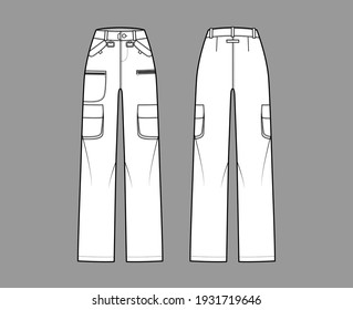 Ski pants technical fashion illustration with low waist, high rise, flap zipper patch pockets, belt loops, full lengths. Flat apparel template front back white color style. Women men unisex CAD mockup