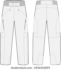 Pantalones de esquí ilustración técnica de moda con bolsillos de cremallera impermeable y esqueleto plano de refuerzo vista frontal y posterior