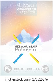 Ski Party Poster Template with Mountain in Clouds - Vector Illustration