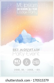 Ski Party Poster Template with Mountain in Clouds - Vector Illustration