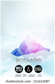 Ski Party Poster Template with Mountain in Clouds - Vector Illustration