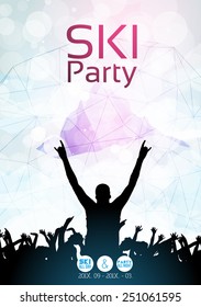 Ski Party Poster Template with Mountain in Clouds - Vector Illustration