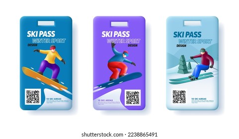 Ski pass admission card template with 3d render illustration of skier and snowboarder on the slope with qr code