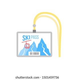 ski pass badge with barcode. blank ski pass horizontal layout template in plastic holder with yellow lanyard for skier. mountains and snow isolated on white background
