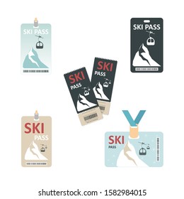 Ski pass icon, mountains and ski lift.