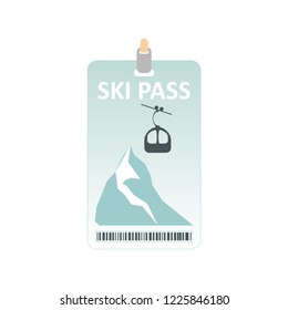 Ski pass icon. Winter sport concept, mountains and ski lift. Ski pass template with barcode. Vector illustration.