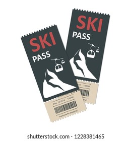 Ski pass icon. Winter sport concept, mountains and ski lift. Ski pass template with barcode. Vector illustration.