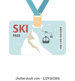 Ski Pass Icon. Winter Sport Concept, Mountains And Ski Lift. Ski Pass Template With Barcode. Vector Illustration.