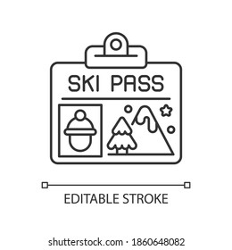 Ski pass linear icon. Lift ticket. Mountain elevator document. Skier identification. Thin line customizable illustration. Contour symbol. Vector isolated outline drawing. Editable stroke