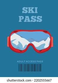 Ski pass. Ski resort, snowboard mask with reflection of snowy mountains. Alps, firs, mountains wide panoramic background. winter activities. red ropeway. Christmas. vacation winter holidays