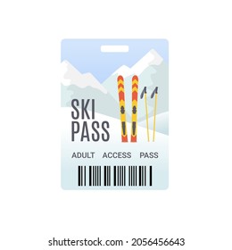 Ski pass template with barcode. Mountain landscape background with ski and ski sticks. Flat style. Vector illustration 