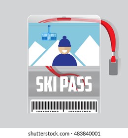 ski pass template with barcode in plastic holder with red ribbon.Man with the mountains and the funicular