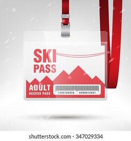 Ski pass vector illustration. Blank ski pass template with barcode in plastic holder with red lanyard. Lift cable, mountains and snow on the background. Horizontal layout.