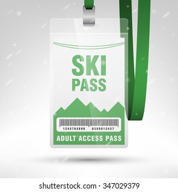 Ski pass vector illustration. Blank ski pass template with barcode in plastic holder with green lanyard. Lift cable, mountains and snow on the background. Vertical layout.