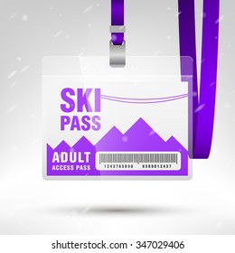 Ski pass vector illustration. Blank ski pass template with barcode in plastic holder with violet lanyard. Lift cable, mountains and snow on the background. Horizontal layout.