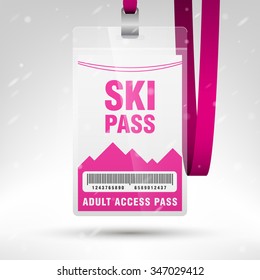 Ski pass vector illustration. Blank ski pass template with barcode in plastic holder with pink lanyard. Lift cable, mountains and snow on the background. Vertical layout.