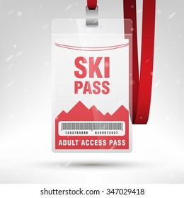 Ski pass vector illustration. Blank ski pass template with barcode in plastic holder with red lanyard. Lift cable, mountains and snow on the background. Vertical layout.