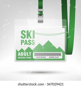 Ski pass vector illustration. Blank ski pass template with barcode in plastic holder with green lanyard. Lift cable, mountains and snow on the background. Horizontal layout.