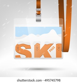 Ski pass vector illustration. Blank ski pass template in plastic holder with orange lanyard. Letters with holes for boots bindings. Mountains and snow on the background. Horizontal layout.