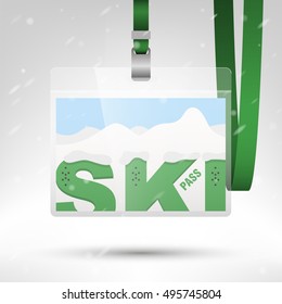 Ski pass vector illustration. Blank ski pass template in plastic holder with green lanyard. Letters with holes for boots bindings. Mountains and snow on the background. Horizontal layout.