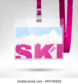 Ski pass vector illustration. Blank ski pass template in plastic holder with pink lanyard. Letters with holes for boots bindings. Mountains and snow on the background. Horizontal layout.