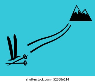 Ski path to the mountains. Flat style. 