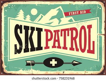 Ski patrol retro sign design with mountain shape and ski patrol text. Winter sports poster template.