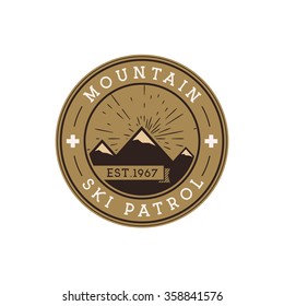 Ski Patrol Round Label. Vintage Mountain winter sports explorer badge. Outdoor adventure logo design Travel hand drawn and hipster color insignia First aid icon symbol Nice palette Wilderness Vector