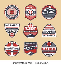 Ski patrol search and rescue badge set. Isolated first aid unit label icons. Vector winter mountain sport insignia sticker design