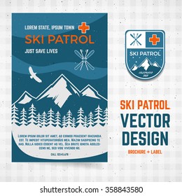 Ski Patrol Vector Brochure And Label. The Camp Concept Of Flyer For Your Business, Web Sites, Presentations, Advertising Etc. Quality Design Illustrations, Elements. Flat Outdoor Style. Banner Design.