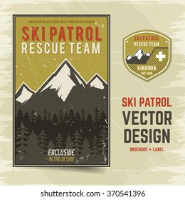 Ski Patrol Vector Brochure And Label. The Camp Concept Of Flyer For Your Business, Web Sites, Presentations, Advertising. Quality Design Illustrations, Elements. Flat Outdoor Style Retro Banner Design