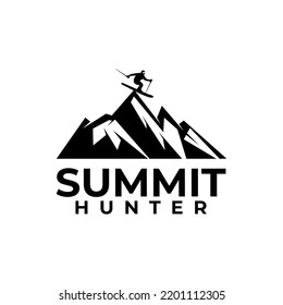 Ski player on the mountain peak vector logo design