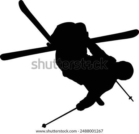 Ski player silhouette full body illustration. People posing freestyle ski in black color