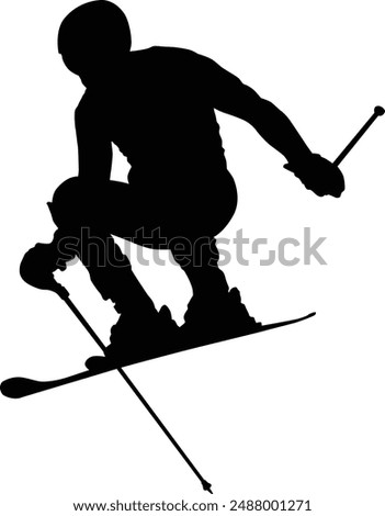 Ski player silhouette full body illustration. People posing freestyle ski in black color