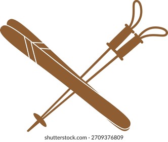 Esquí y bastón cruzados en diagonal, silueta limpia con detalle de correa y punta, contorno atrevido en estilo plano. Símbolo de deporte de invierno, aventura, velocidad, ocio alpino. Ilustración vectorial de dibujos animados.