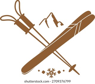 Esqui e polo cruzados com emblema de montanha e floco de neve em estilo de silhueta plana. Símbolo de esporte de inverno, aventura, viagens alpinas, resort e estilo de vida ao ar livre. Ilustração de vetor de desenhos animados.