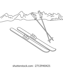 Ski and Pole Set with Mountain Silhouette Vector Illustration