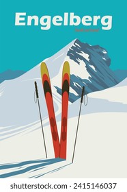 Skischuhmast im Schneevintage-Plakatdesign im Skigebiet engelberg titlis, Schweiz