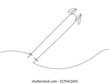 Ski poles one line art. Continuous line drawing of sport, winter, player, sports, activity, skiing, ski, mountains, hill, sticks, vacation, adventure, accessory, tourism, snow, play.