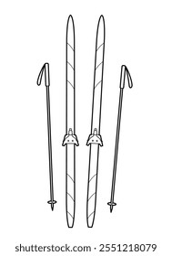 Ski and poles. Skiing equipment. Winter sports. Outline illustration, isolated on white background, design elements