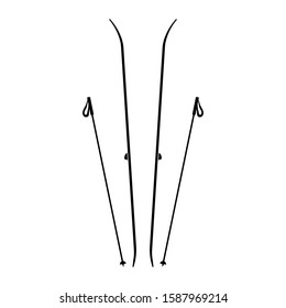 Ski poles and skis icon. Skiing. Black silhouette. Vector drawing. Isolated object on a white background. Isolate.