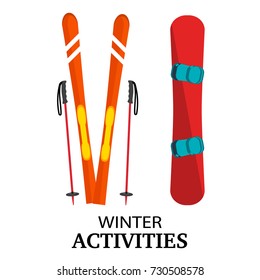 Ski, Poles, Snowboard Flat Vector Illustration, Isolated On White Background. Winter Activities Conceptual Colorful Icons, Front View. Ski Equipment, Snow Board Illustration.