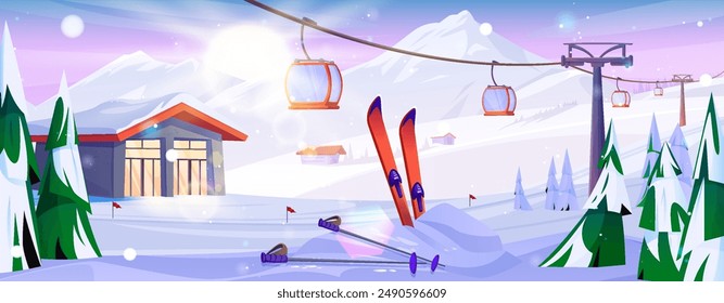 Ski and poles in snowdrift on winter mountain resort with hotel chalet and red cabin on cableway. Cartoon snowy landscape with houses and ropeway for cold season sport and recreation at hills.