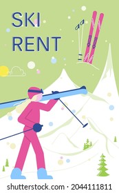 Ski Rent banner with people have relax and snowsport fun. Flat Art Vector Illustration