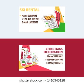 Ski rental and Cristmas decorations business cards template vector illustration. Ski, sleigh, skates. Candles festoon snow-globe badge patches and stickers. Contact information. Mail, website.