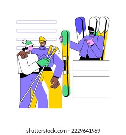 Ski rental isolated cartoon vector illustrations. Young couple renting a ski during winter holidays, tourism business, outdoor equipment, recreation industry, vacation together vector cartoon.